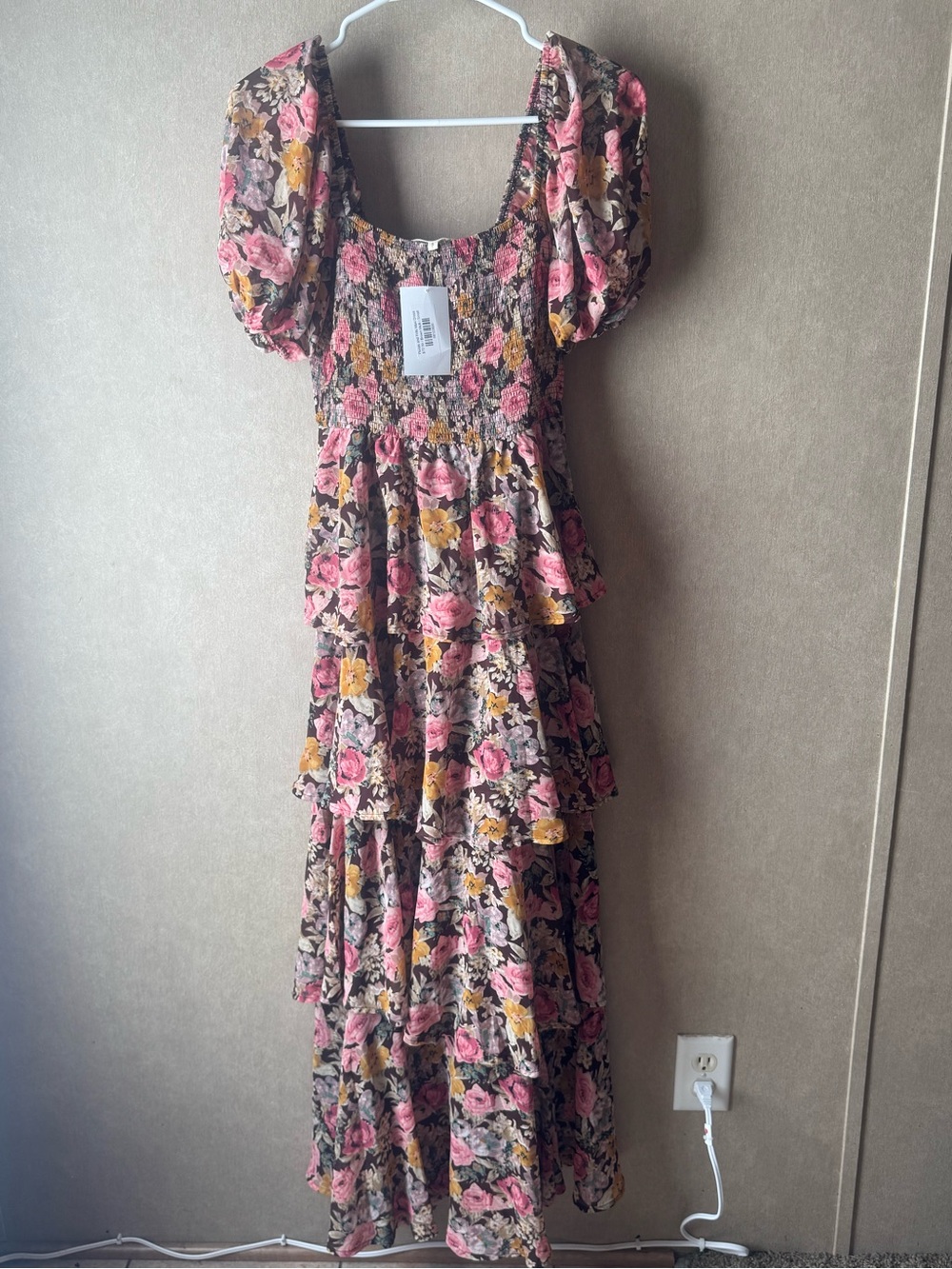 entro Pink & Brown Floral Tiered Maxi Dress with Puff Sleeves